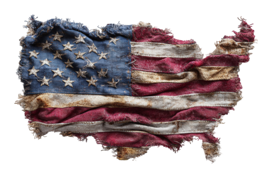Worn American flag shaped like the USA - Powered by Adobe