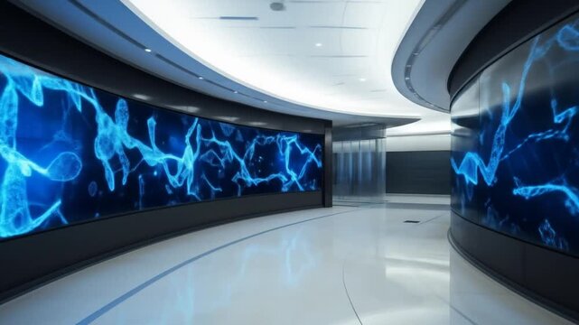 A curved corridor featuring several large digital screens with blue abstract molecular graphics and DNA strands in a modern, clean, technological environment. 4k video