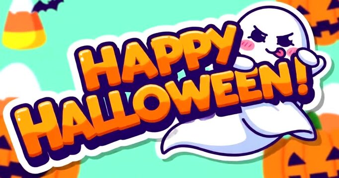 Happy Halloween graphic with ghost, candy corn, pumpkins, and bat on a teal background.