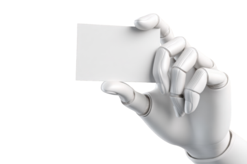 Robotic hand holding a blank business card