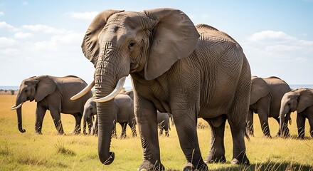 Fototapeta premium Herd of African Elephants Walking Across Savanna.