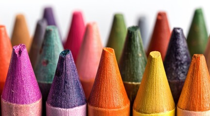 Close-up view of crayon tips in various colors