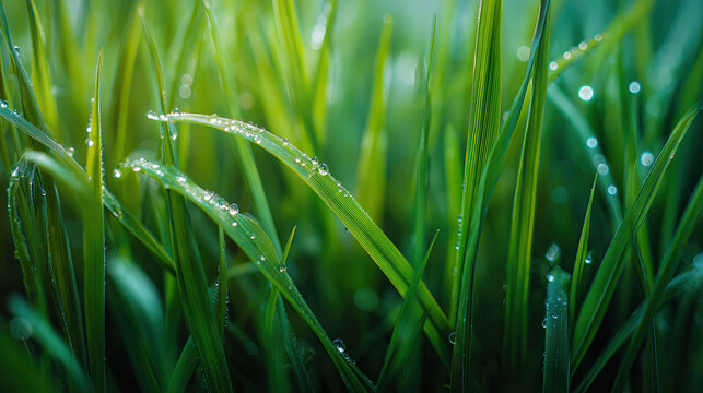 Close-up of dew on fresh green grass in spring morning light, macro photography, ultra-detailed