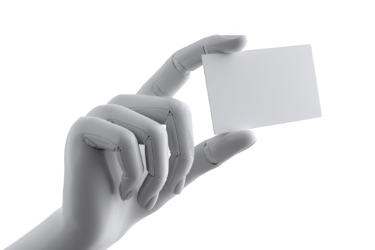 A grayscale 3D model of a robotic hand holding a blank business card - Powered by Adobe