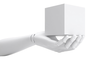 Robotic hand holding a white cube
