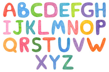 Вright colorful alphabet font elements hand drawn with wax crayons. Illustration isolated background. Suitable for print, postcard, sketchbook cover, poster, stickers, design. Handwritten lettering