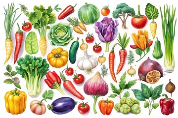Collection of vegetables and fruits including carrots, tomatoes, and onions