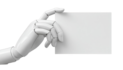 A robotic hand holds a blank white rectangular sheet of paper