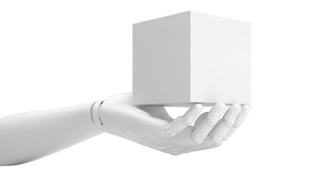 Robotic hand holding a white cube