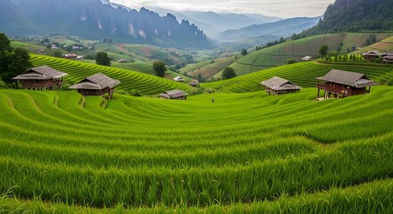 Naklejka premium Green Rice Terraces in a Valley with Houses.