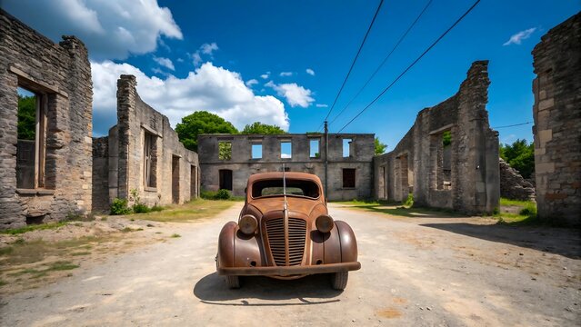 Fototapeta Old rusty vintage car in abandoned ruins under blue sky 
