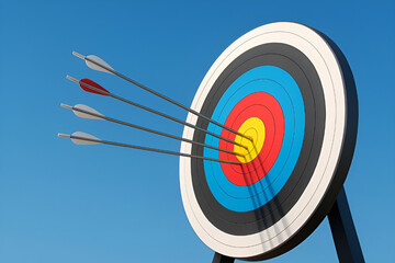Perfect aim with arrows hitting the bullseye on an archery target against clear blue sky, representing success and determination.