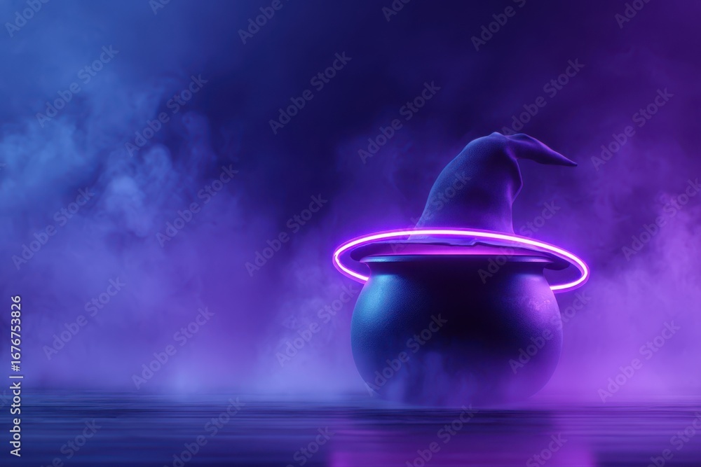Poster a mystical witch's hat with a glowing purple light floating above a cauldron, creating an enchanting