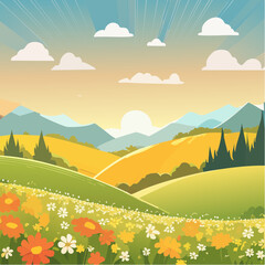 Late summer country landscape with colorful blooming meadow and sunbeam