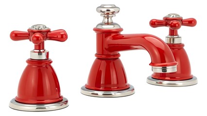 Red bathroom faucet set with handles and tap isolated on white background
