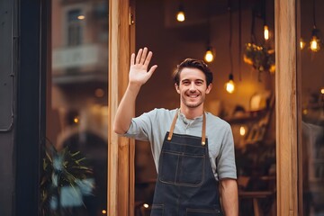 A man waves, smiling, in front of a warmly lit store.