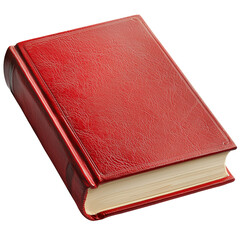 A close up shot of a closed red book with a textured cover and visible pages on a black background