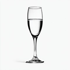 A stemmed glass, filled with clear liquid, stands against a plain white background.  The liquid has bubbles