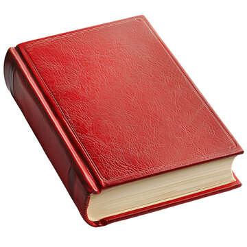 A close up shot of a closed red book with a textured cover and visible pages on a black background