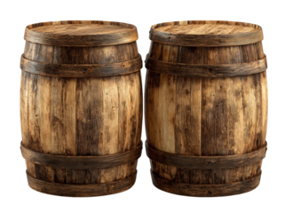 Two aged wooden barrels side-by-side