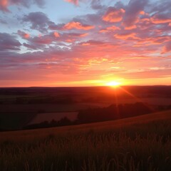 A picturesque sunset with brilliant pink and orange clouds, casting a warm glow over a hilly, rural landscape