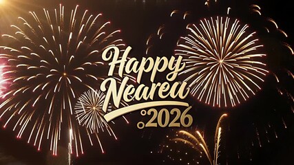 midnight happy new year fireworks night sky for a festive Happy New Year 2026 celebration A sparkling background for holiday greetings full hd video