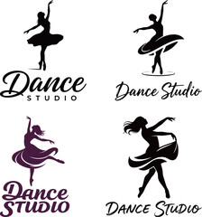 Dance studio logos. Set of vector emblems with dancing ballet dancers silhouettes. Artistic and creative dance school badges.