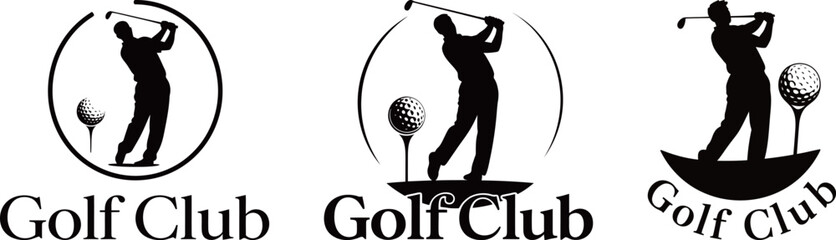 Set of golf club logos. Vector emblems with a golfer hitting the ball. Golfing tournament and sport team badges.