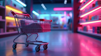 Shopping cart filled with items in a brightly lit store aisle shelves