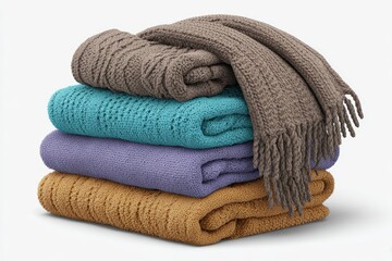 Stacked knitted throws and a scarf.  Soft, textured blankets in muted tones of taupe, teal, lavender, and gold.  A complementary brown scarf rests on top
