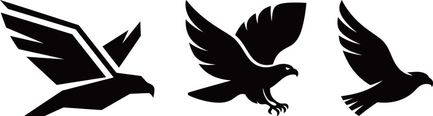 Three flying eagle logos. Set of vector emblems with soaring eagles. Animal, nature and freedom concepts.