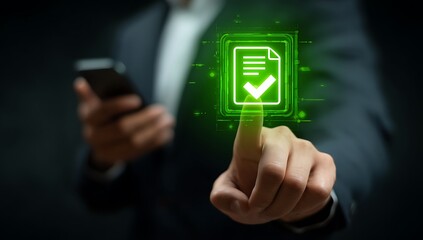 Businessman approves digital document with glowing check mark