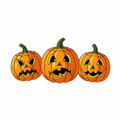 Set of three carved halloween pumpkin jack o lanterns with scary faces illustration on white background