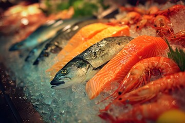 Fresh fish and shrimp on ice.
