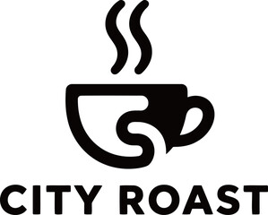 City roast coffee logo. Vector emblem with a hot coffee cup icon. Coffee shop, cafe and hot beverage branding.