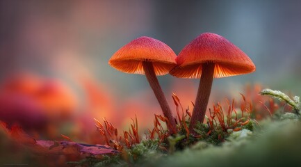 Two vibrant orange mushrooms, close-up,  standing amidst moss and foliage, bathed in warm, diffused light.  Blurred background suggests a forest or woodland environment