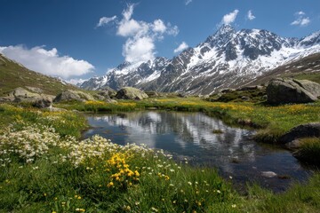 Serene Alpine Meadow with Snow-Capped Peaks and Wildflowers Under a Blue Sky, a Peaceful Mountain Landscape