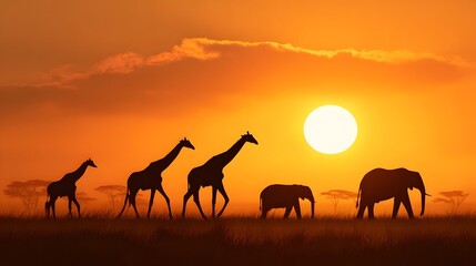 Sunset Over African Savannah with Silhouettes of Giraffes and Elephants &ndash; Wildlife Safari Landscape
