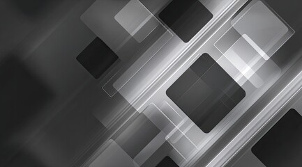Fototapeta premium Abstract geometric design with overlapping squares and diagonal lines. Gray and black shades create a modern, tech-inspired visual