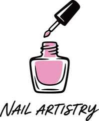 Nail artistry logo. Vector emblem with a hand-drawn nail polish bottle. Beauty salon, nail spa and manicure branding.
