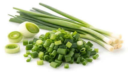 Fresh green beans and spring onions isolated on white background ready to eat