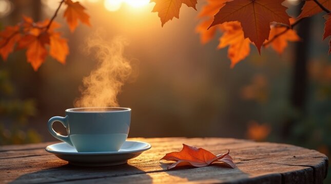 Steaming coffee cup on wooden table with autumn leaves saucer - Powered by Adobe