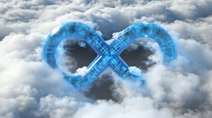 cybernetic lock shaped like infinity symbol over cloud computing matrix no text clean background illustration concept scene visual for commercial design use high detail quality stock image
