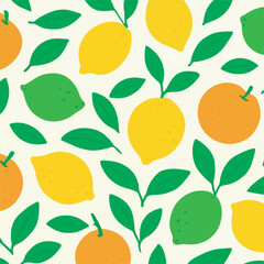 Seamless Citrus Pattern with Lemons, Oranges, and Leaves on Green Background