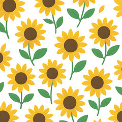 Seamless Sunflower Pattern with Green Leaves on White Background