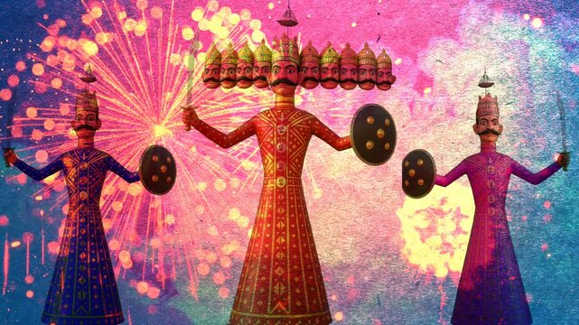 Dussehra Festive Background with Ravana Effigy and Colorful Fireworks Animation