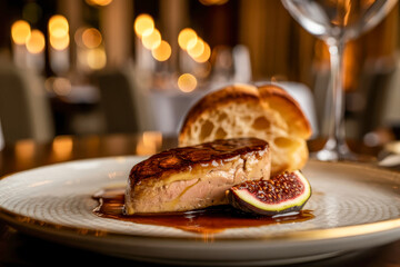 Seared foie gras with fig and bread on a plate