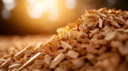 Pile of chopped wood in a forest at sunset with warm light illuminating the wooden textures