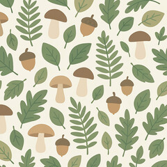Seamless Woodland Pattern with Mushrooms, Leaves, and Acorns