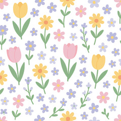 Seamless Floral Pattern with Tulips, Daisies, and Wildflowers in Pastel Colors